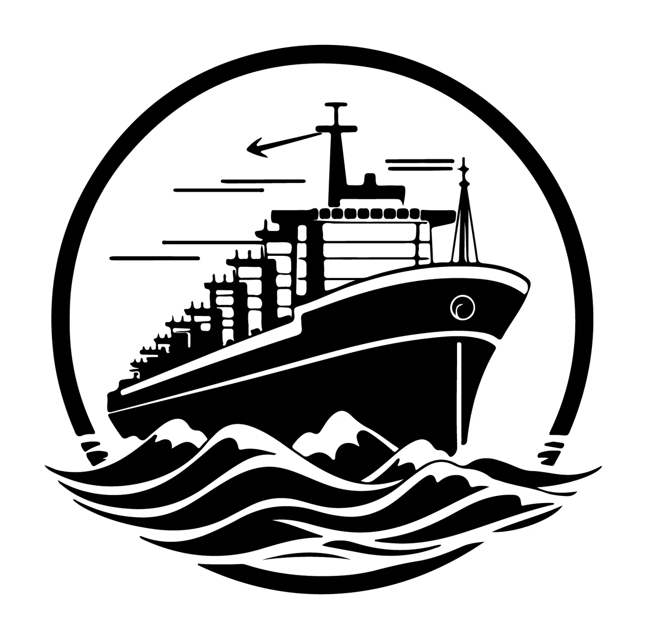 Ship Cargo At Sea Emblem Sail Waves Circle Graphic Black White