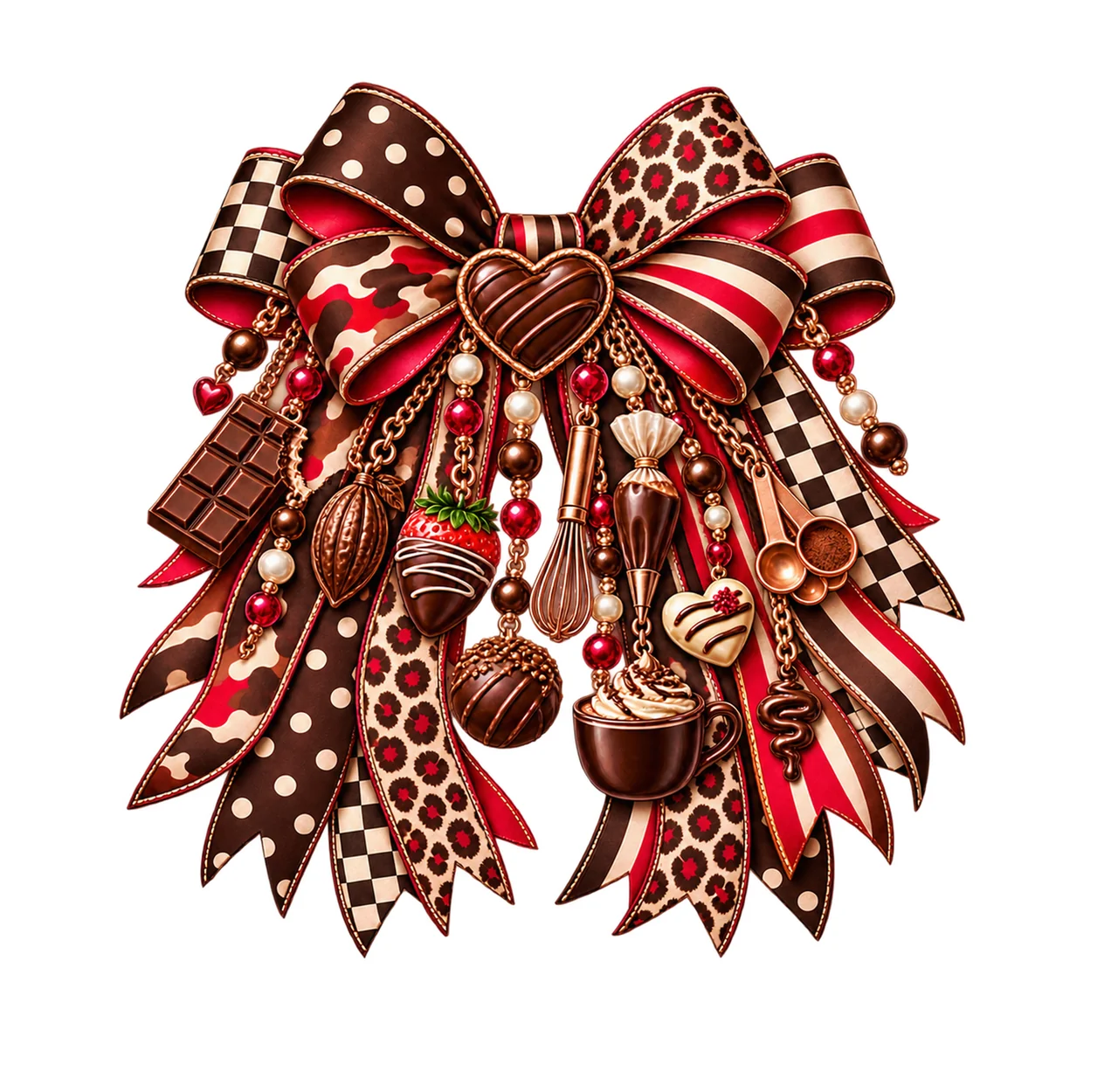 Chocolate Lover Bow Charm PNG, Candy Bar Truffle and Cocoa Charms, Sweet Treat Sublimation Design, Transparent Download