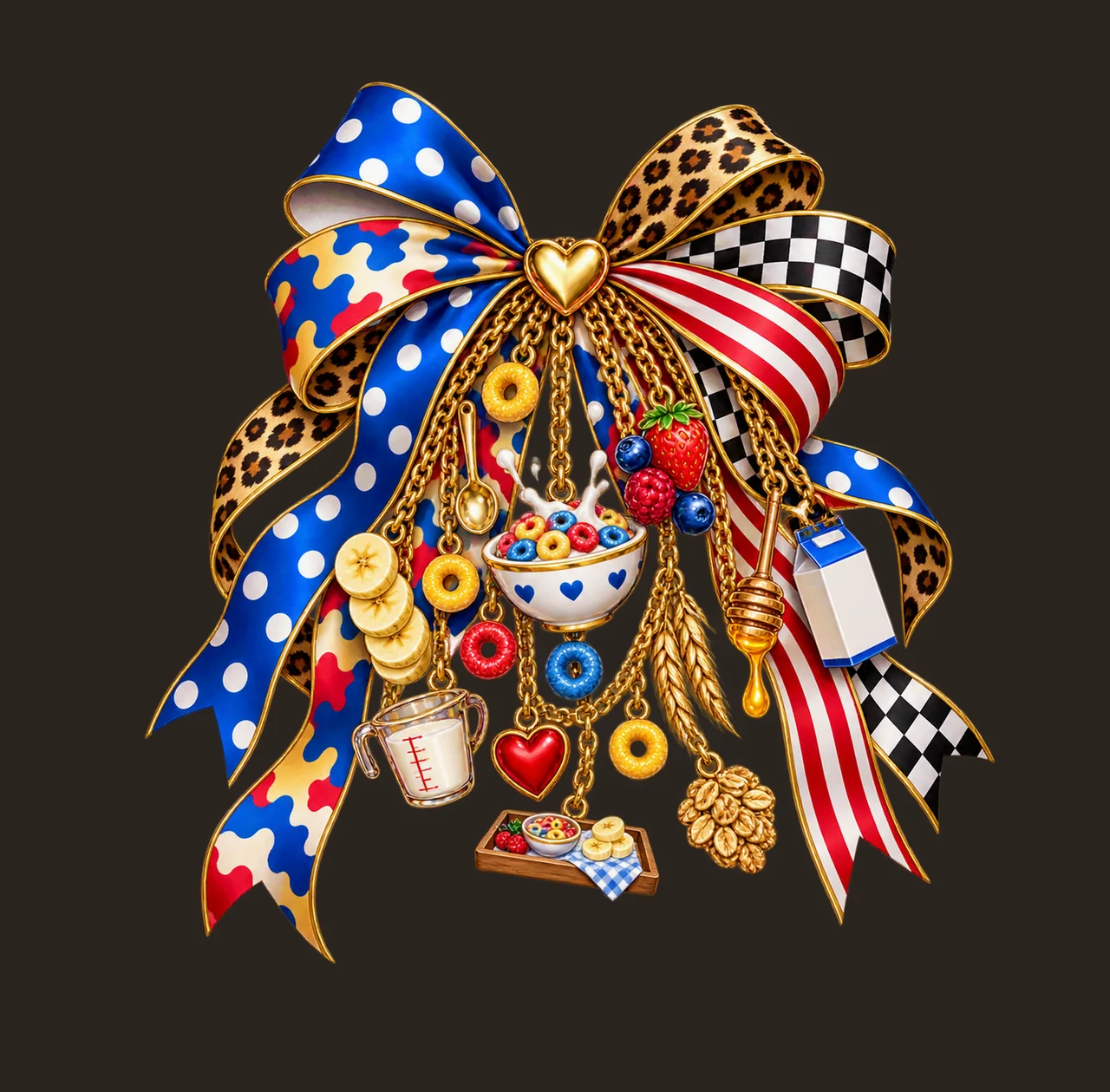 Cereal Lover Bow Charm PNG, Themed Gold Chain Charms, Coquette Ribbon Sublimation Design, Transparent Digital Download contrast preview thumbnail