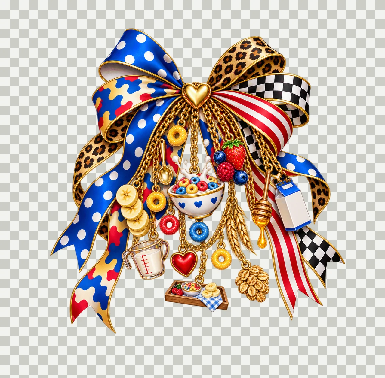 Cereal Lover Bow Charm PNG, Themed Gold Chain Charms, Coquette Ribbon Sublimation Design, Transparent Digital Download transparency and detail preview thumbnail