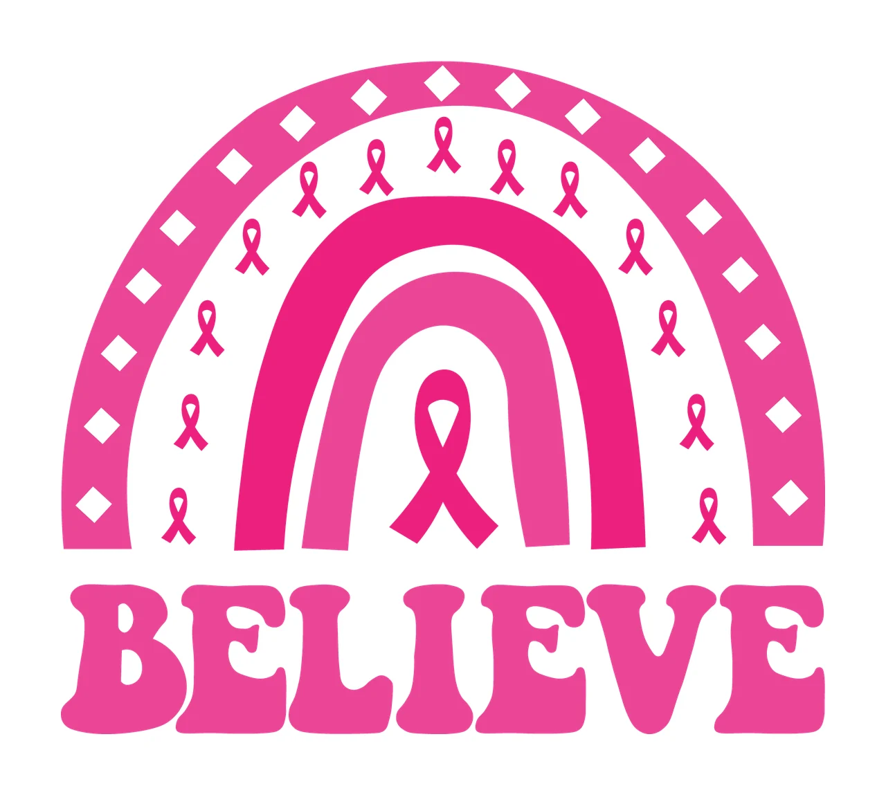 Believe Rainbow Awareness Ribbon Graphic displaying text stylized