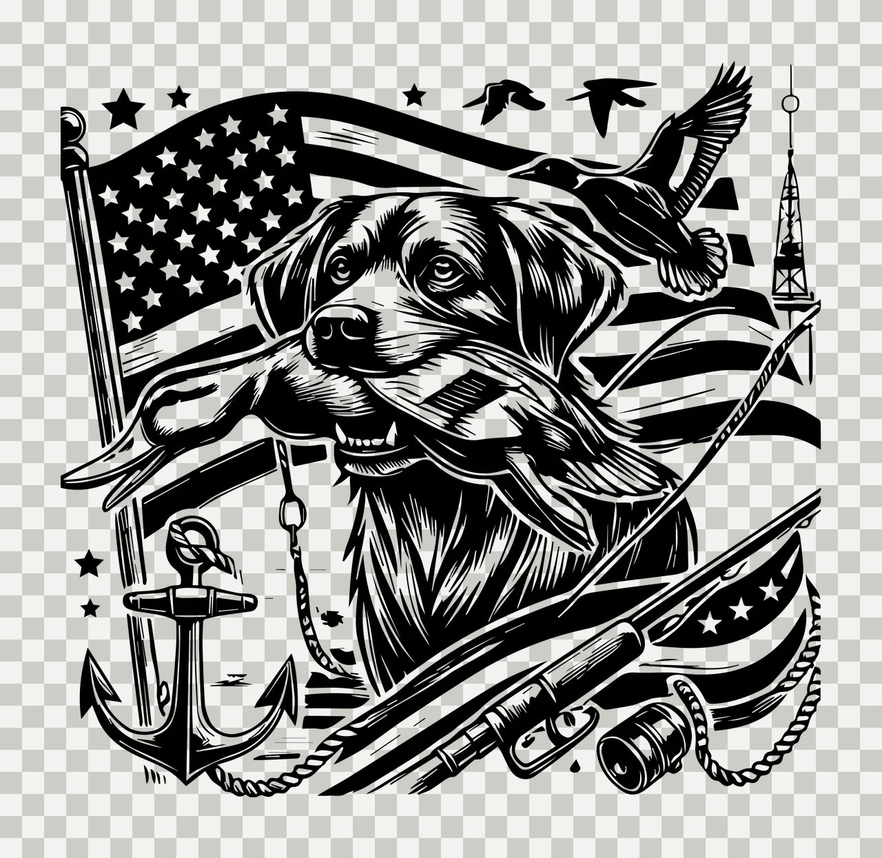 Duck Flag Dog With Before American carrying anchor fishing rod transparency and detail preview thumbnail