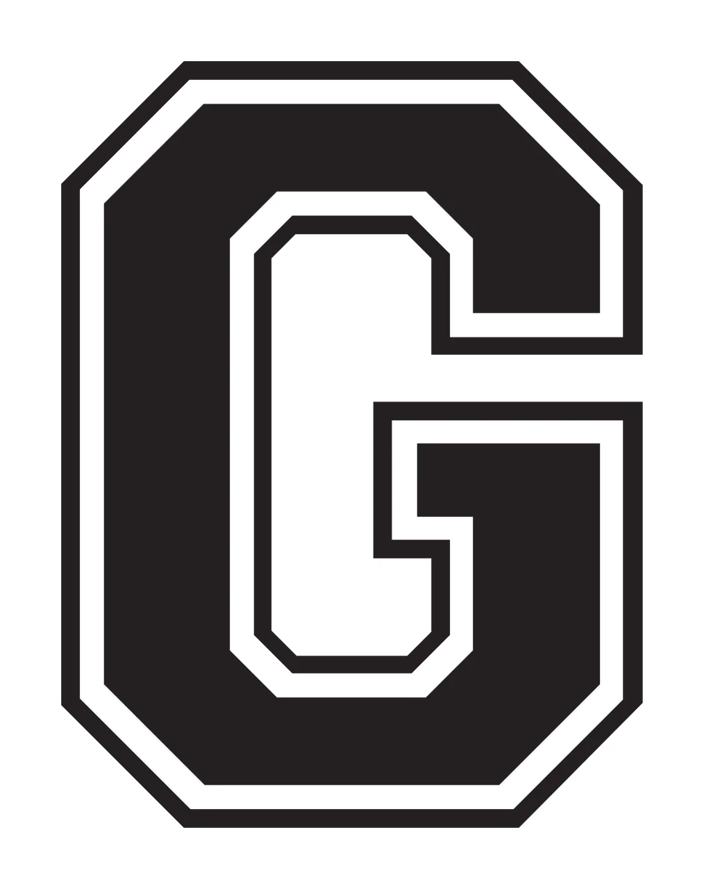 G Letter Design with capital letter G, block typography, double outline and bevelled corners in black and white
