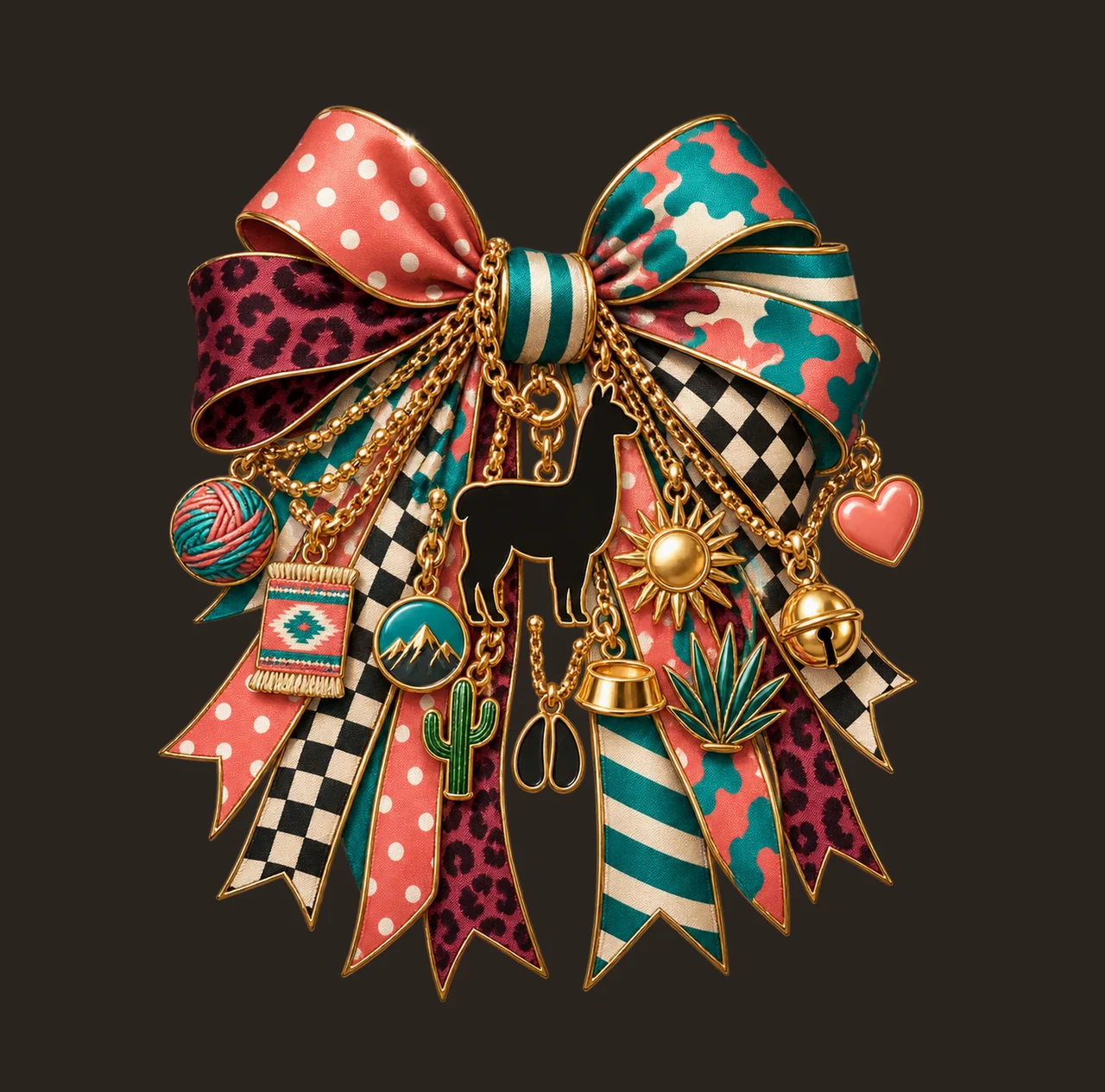 Llama Lover Bow Charm PNG, Themed Gold Chain Charms, Coquette Ribbon Sublimation Design, Transparent Digital Download contrast preview thumbnail