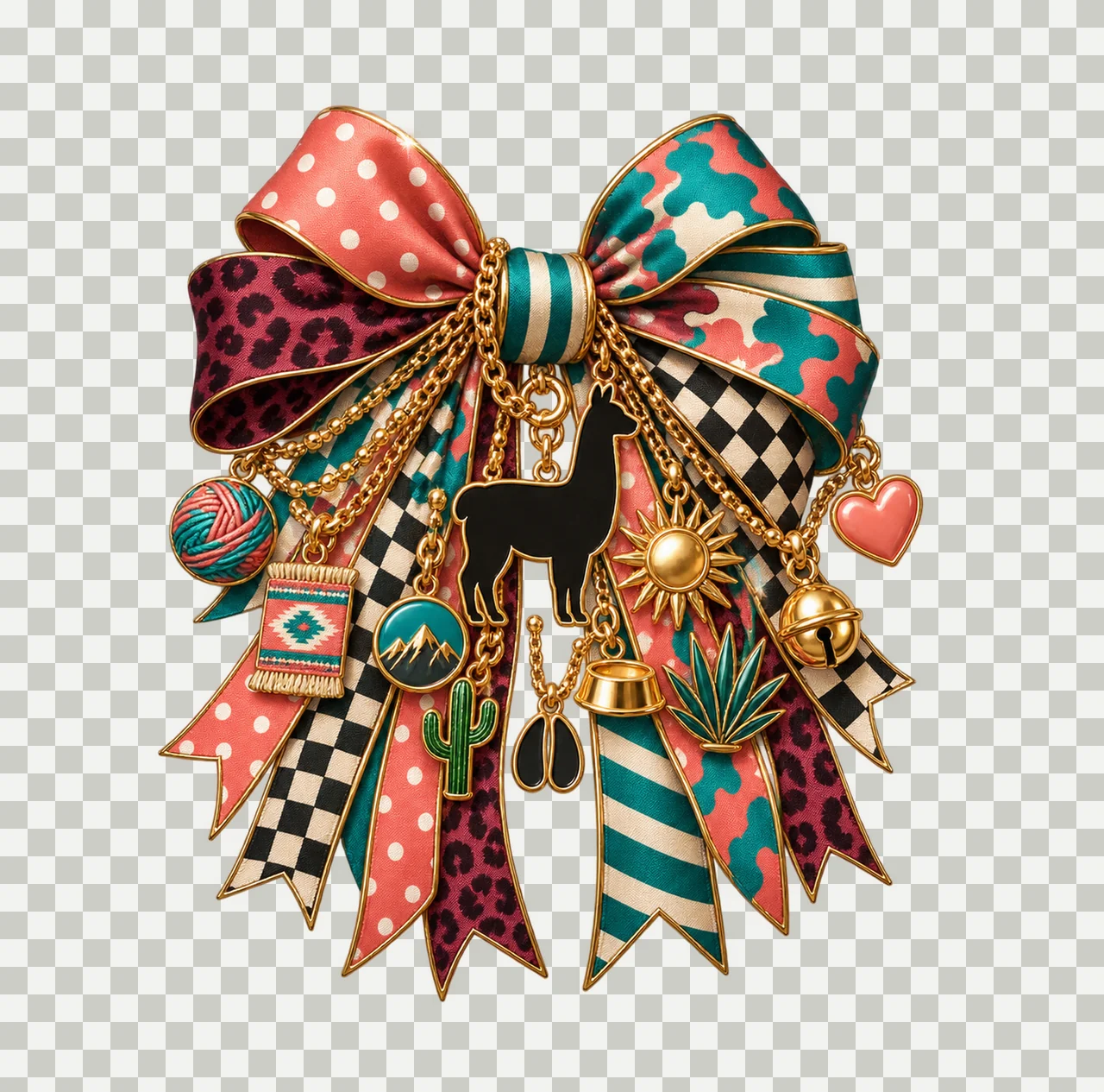 Llama Lover Bow Charm PNG, Themed Gold Chain Charms, Coquette Ribbon Sublimation Design, Transparent Digital Download transparency and detail preview thumbnail