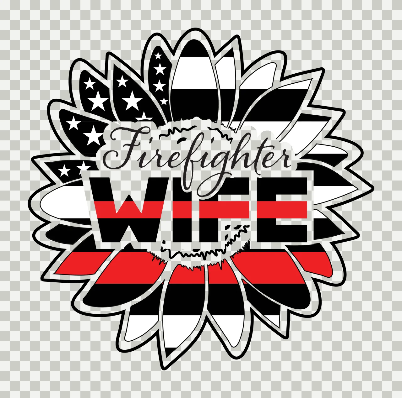 Firefighter WIFE Firefighter wife sunflower Design with sunflower petals, American flag stars, horizontal stripes and thin red line in black and white transparency and detail preview thumbnail