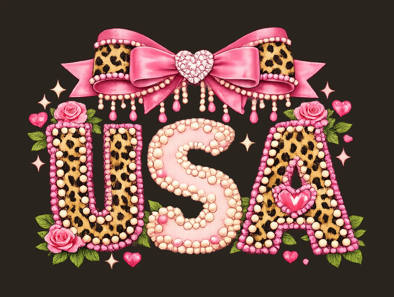 USA Coquette Bow Leopard Faux Pearl Design 4th of July contrast preview thumbnail