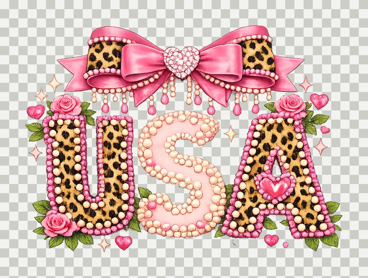 USA Coquette Bow Leopard Faux Pearl Design 4th of July transparency and detail preview thumbnail