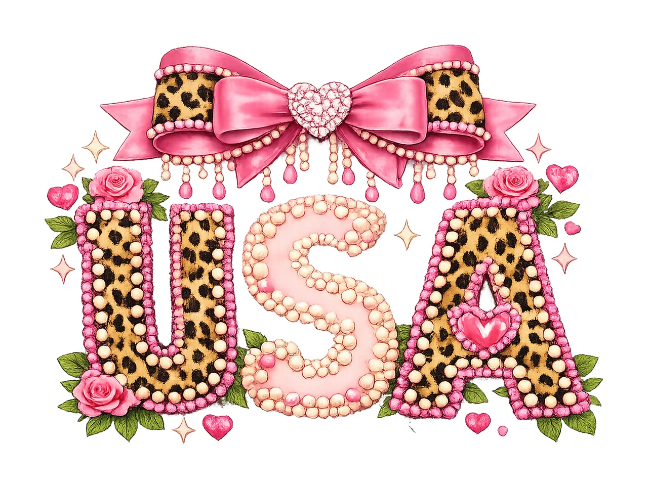 USA Coquette Bow Leopard Faux Pearl Design 4th of July