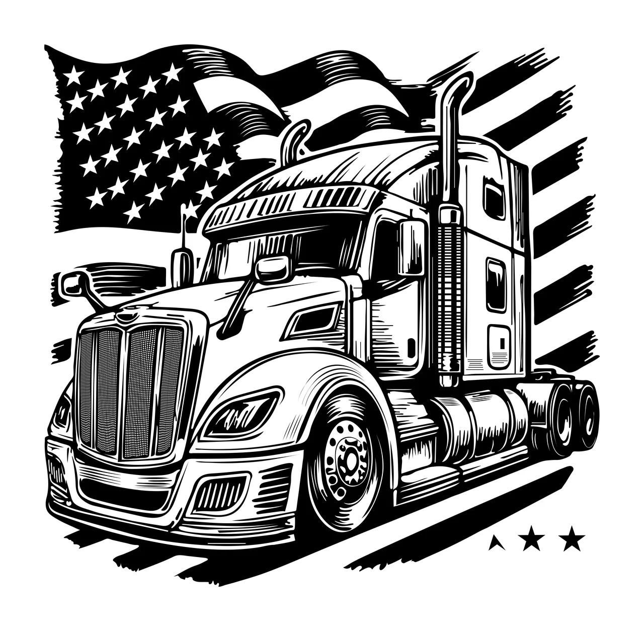 Semi Truck Flag With Us Background and stationary star engraving