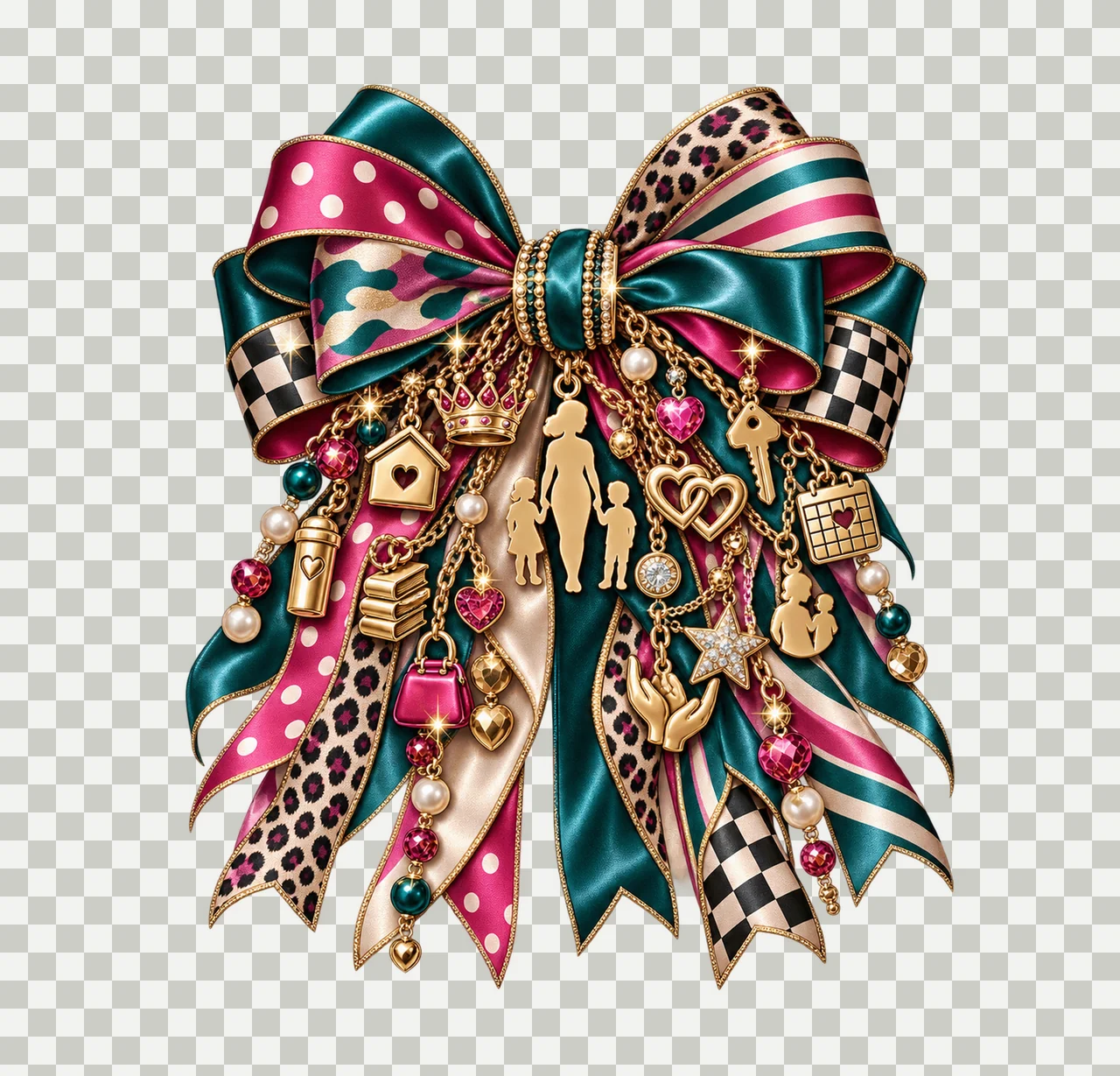 Single Mom Bow Charm PNG, Themed Gold Chain Charms, Coquette Ribbon Sublimation Design, Transparent Digital Download transparency and detail preview thumbnail