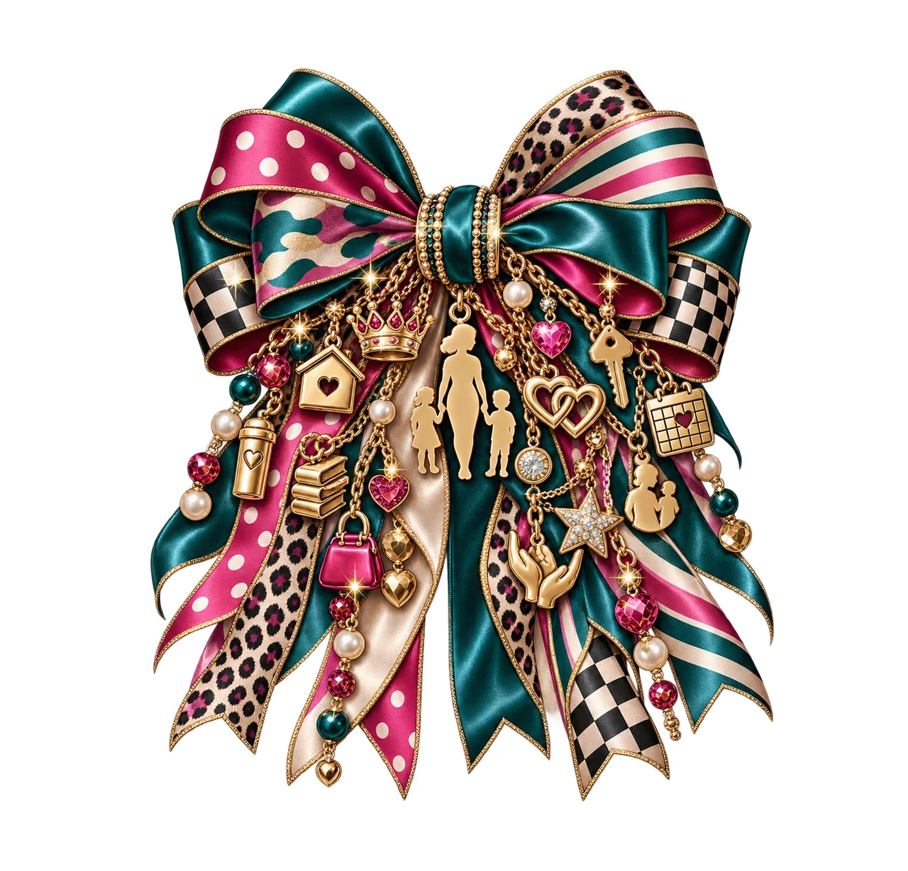 Single Mom Bow Charm PNG, Themed Gold Chain Charms, Coquette Ribbon Sublimation Design, Transparent Digital Download