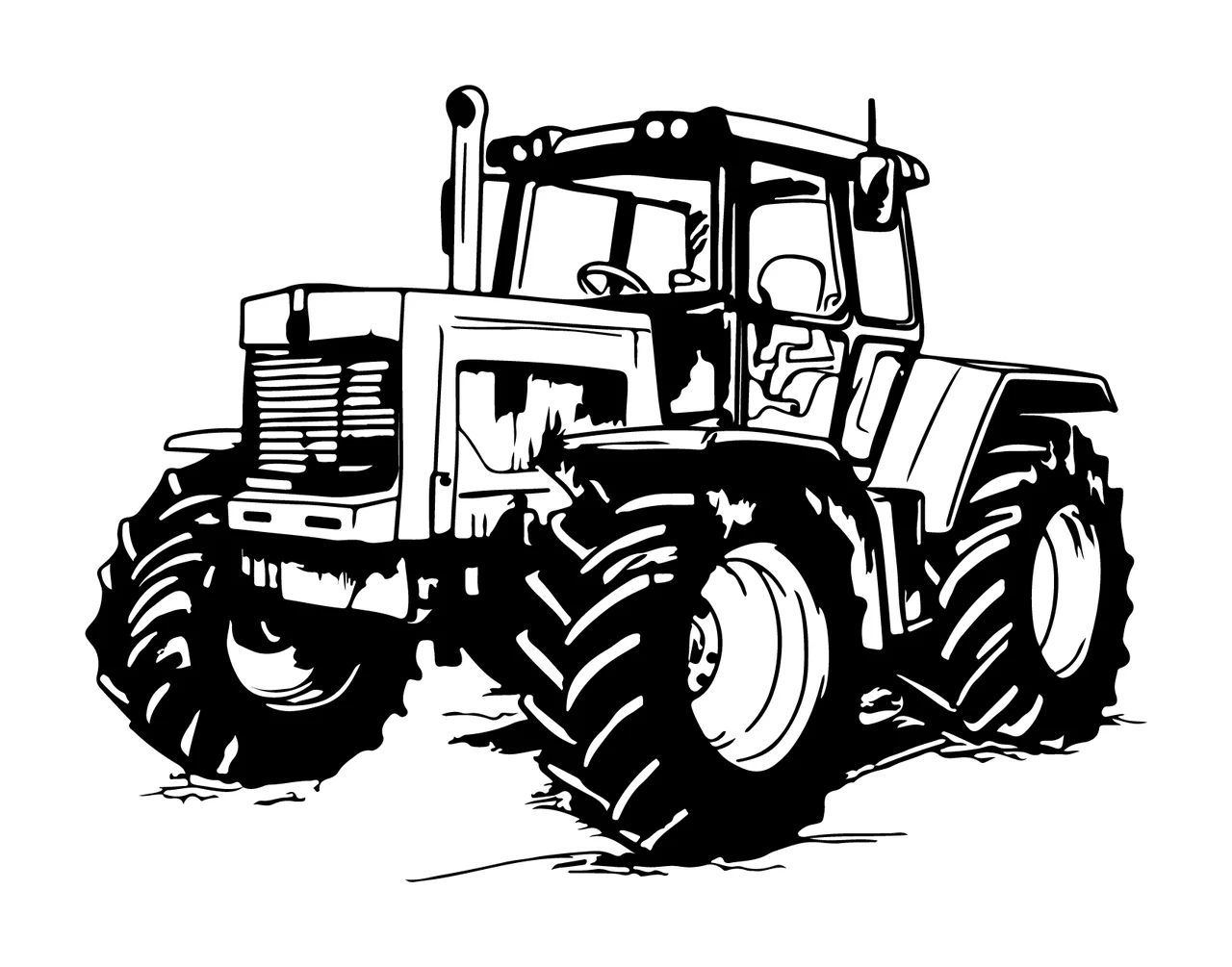 Black And White Line Art Tractor standing wheels cabin exhaust pipe