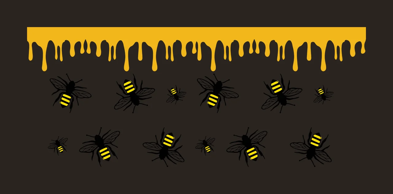 Honey drip border with bees Illustration with yellow honey drip and black and yellow bees in white contrast preview thumbnail