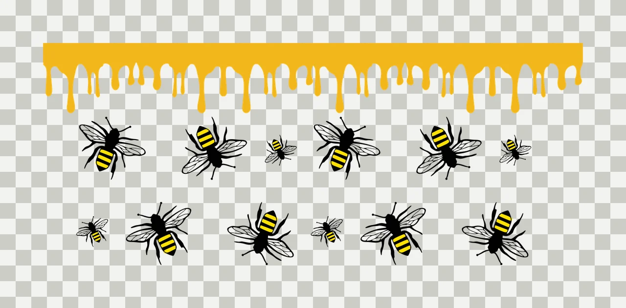 Honey drip border with bees Illustration with yellow honey drip and black and yellow bees in white transparency and detail preview thumbnail
