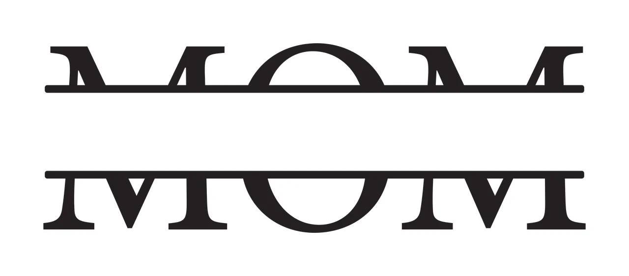 MOM Typography Design with split monogram, serif lettering and horizontal bar frame in black and white