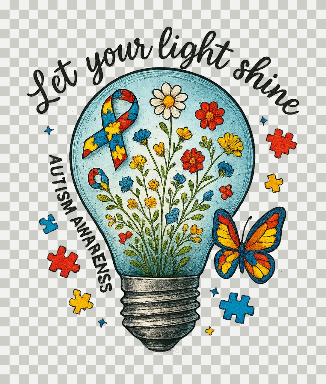 Autism Awareness Lightbulb Floral Puzzle Ribbon Design transparency and detail preview thumbnail