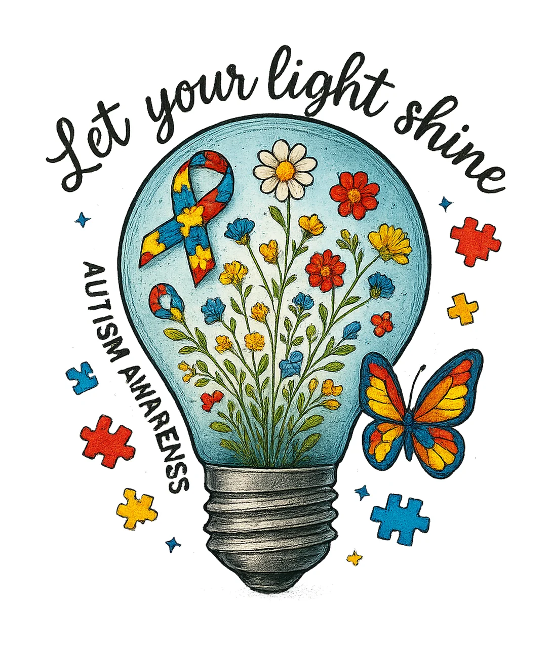 Autism Awareness Lightbulb Floral Puzzle Ribbon Design