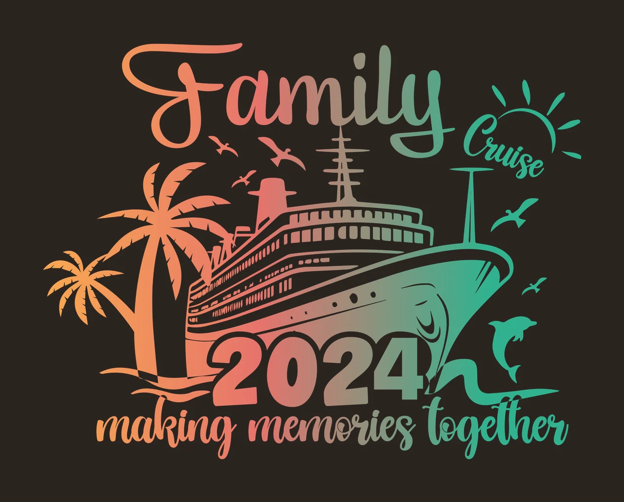 Cruise Ship Illustration cruising palm trees birds sun dolphin contrast preview thumbnail