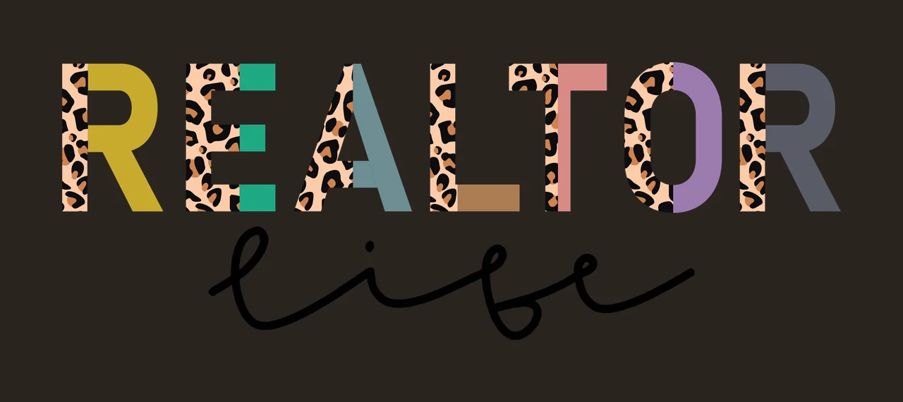 REALTOR life REALTOR life logo design with leopard-print letters, multicolored block letters and cursive 'life' script in yellow, teal and blue contrast preview thumbnail