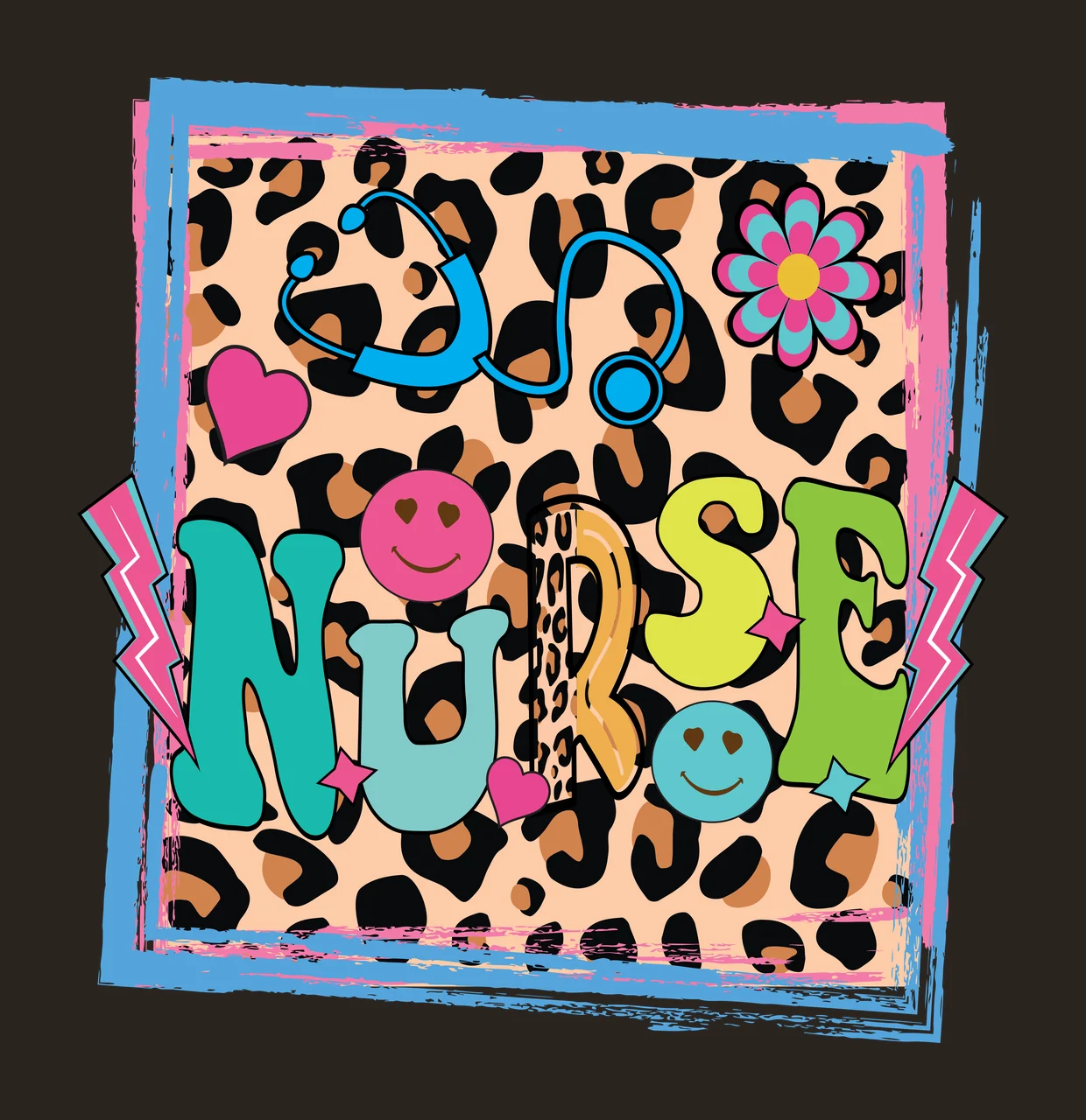NURSE Typography Design with stethoscope, smiley face, flower and hearts in teal, pink and yellow contrast preview thumbnail
