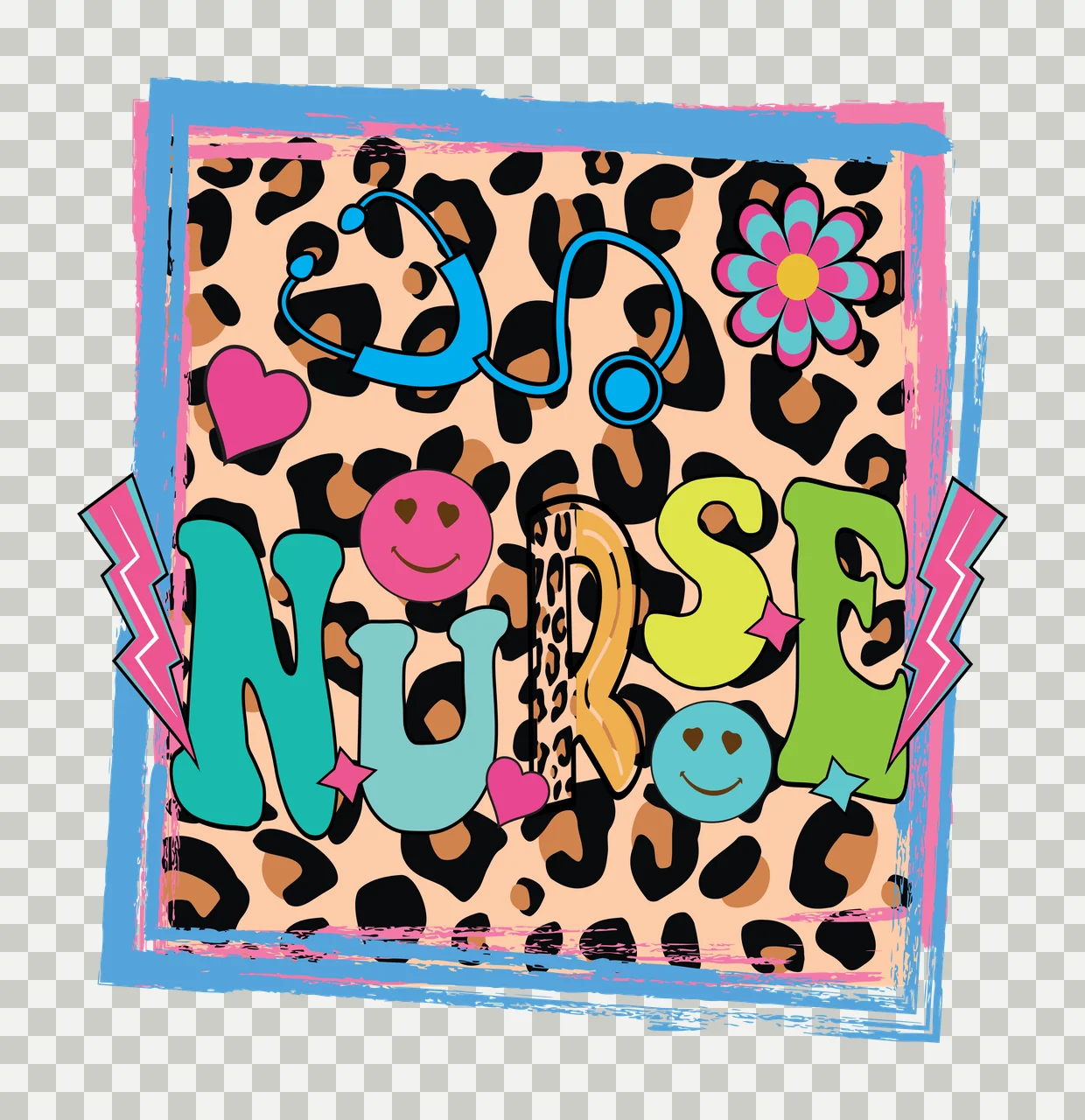 NURSE Typography Design with stethoscope, smiley face, flower and hearts in teal, pink and yellow transparency and detail preview thumbnail