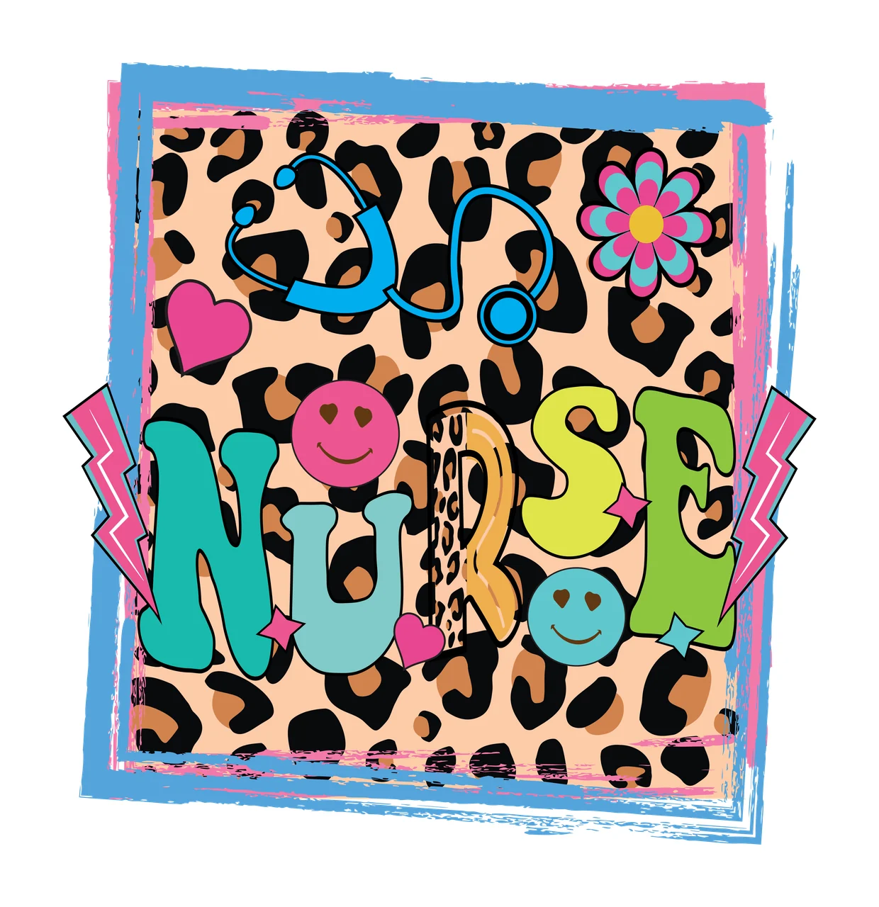 NURSE Typography Design with stethoscope, smiley face, flower and hearts in teal, pink and yellow