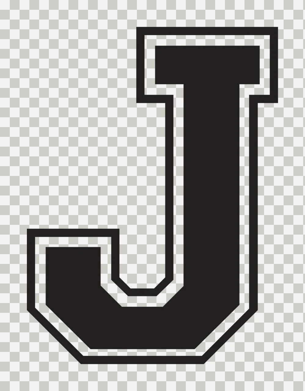 J Letter Design with double outline, serif top cap and athletic block font in black and white transparency and detail preview thumbnail