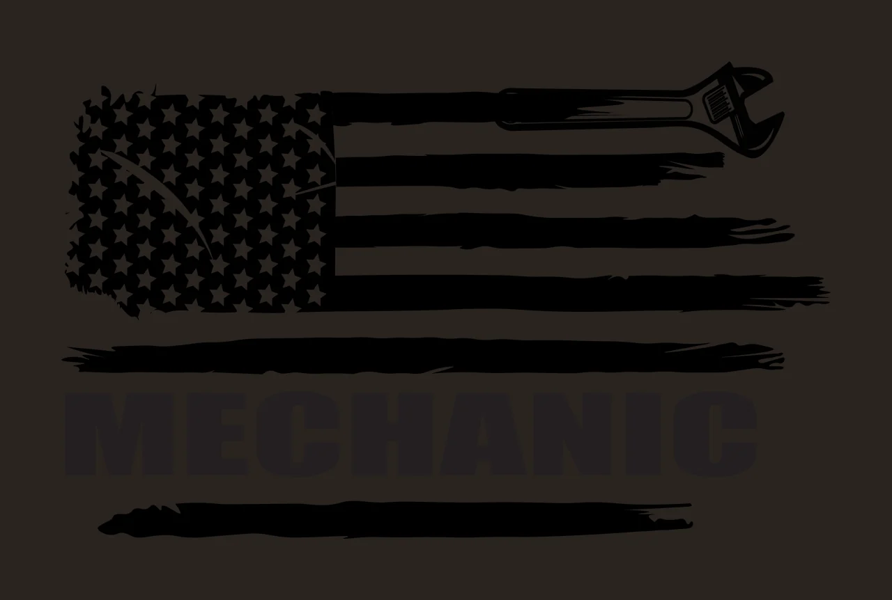 MECHANIC American flag and mechanic wrench Design with adjustable wrench, text, stars and distressed stripes in black and white contrast preview thumbnail