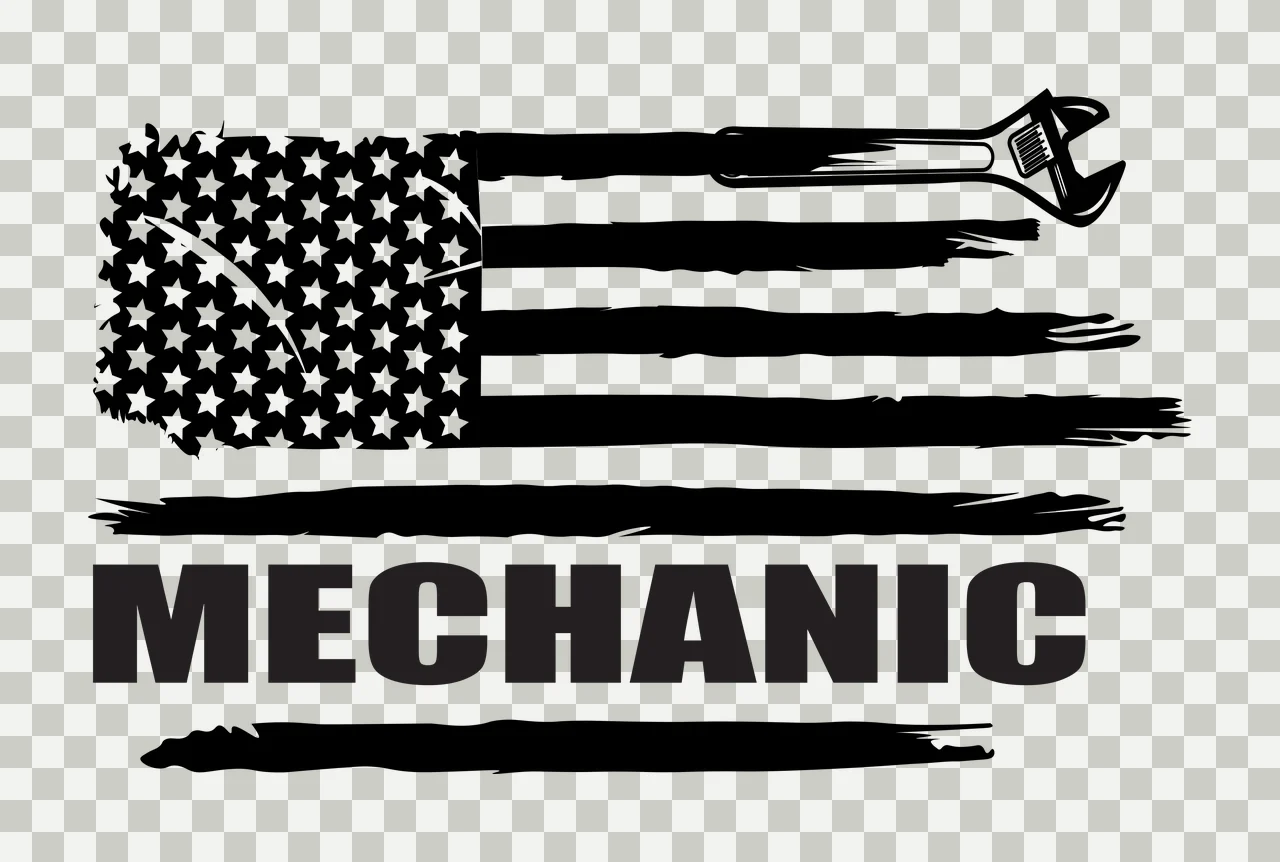 MECHANIC American flag and mechanic wrench Design with adjustable wrench, text, stars and distressed stripes in black and white transparency and detail preview thumbnail
