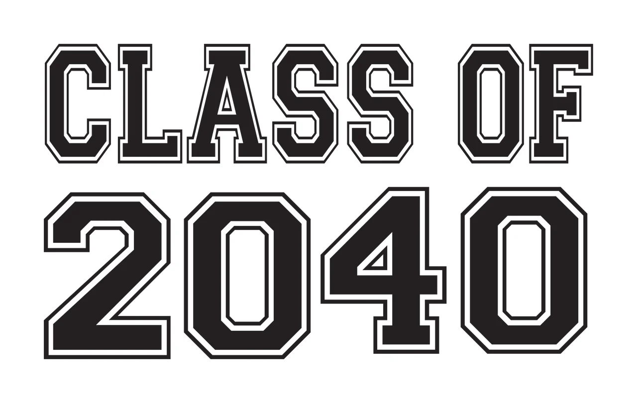 CLASS OF 2040 Typography Design with black block letters with white outline and white background