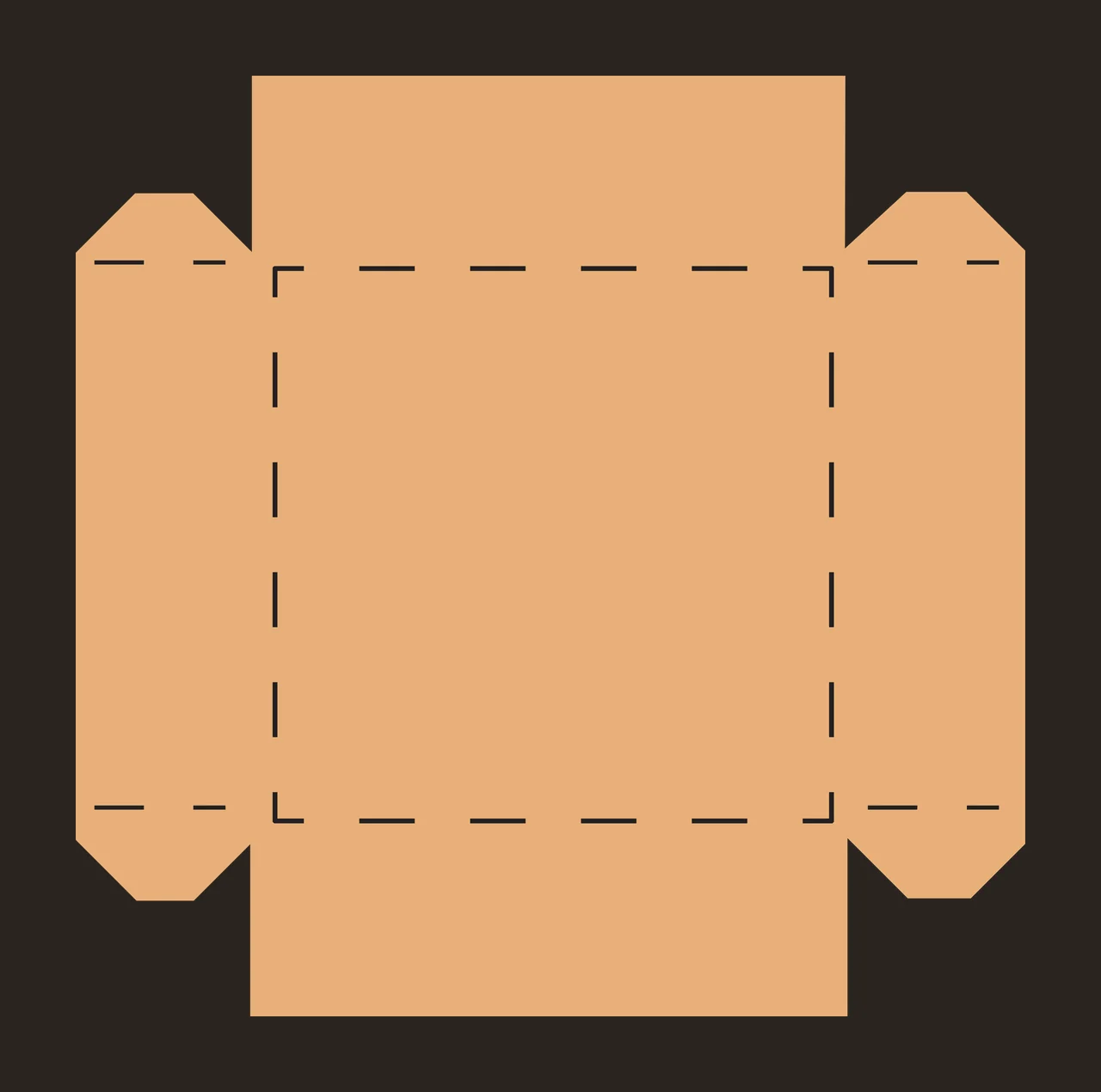 Box dieline template Illustration with dashed fold lines, side flaps, square base and corner tabs in tan, brown and black contrast preview thumbnail