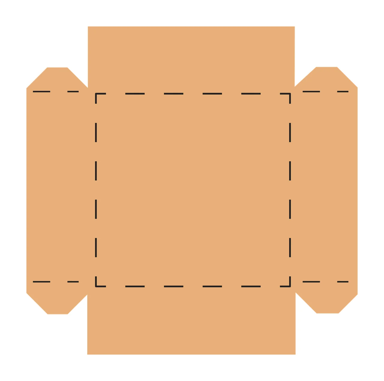 Box dieline template Illustration with dashed fold lines, side flaps, square base and corner tabs in tan, brown and black