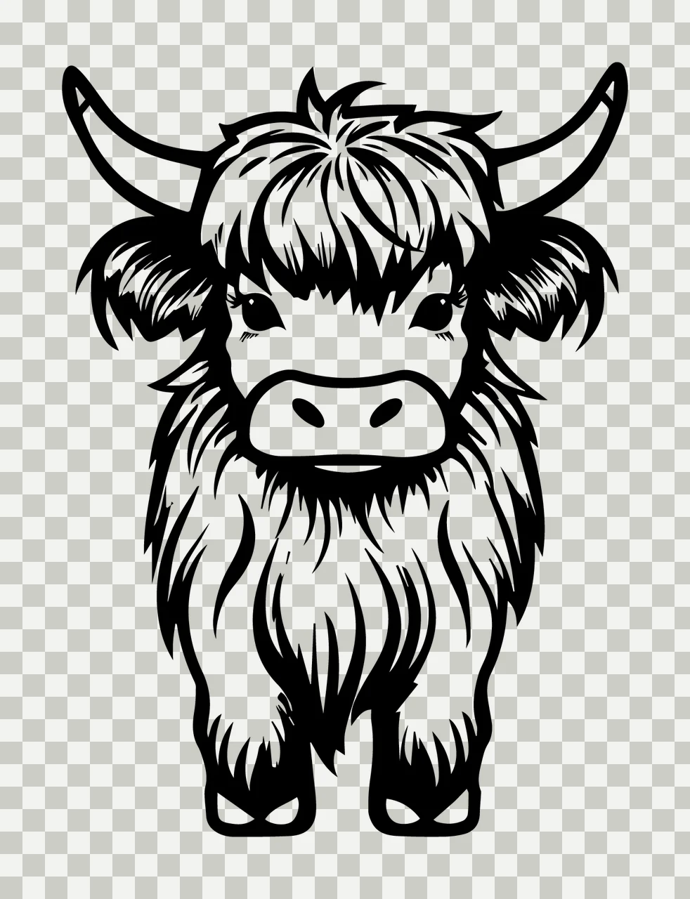 Cow Highland Face Illustration Standing Horns Fur Graphic black transparency and detail preview thumbnail