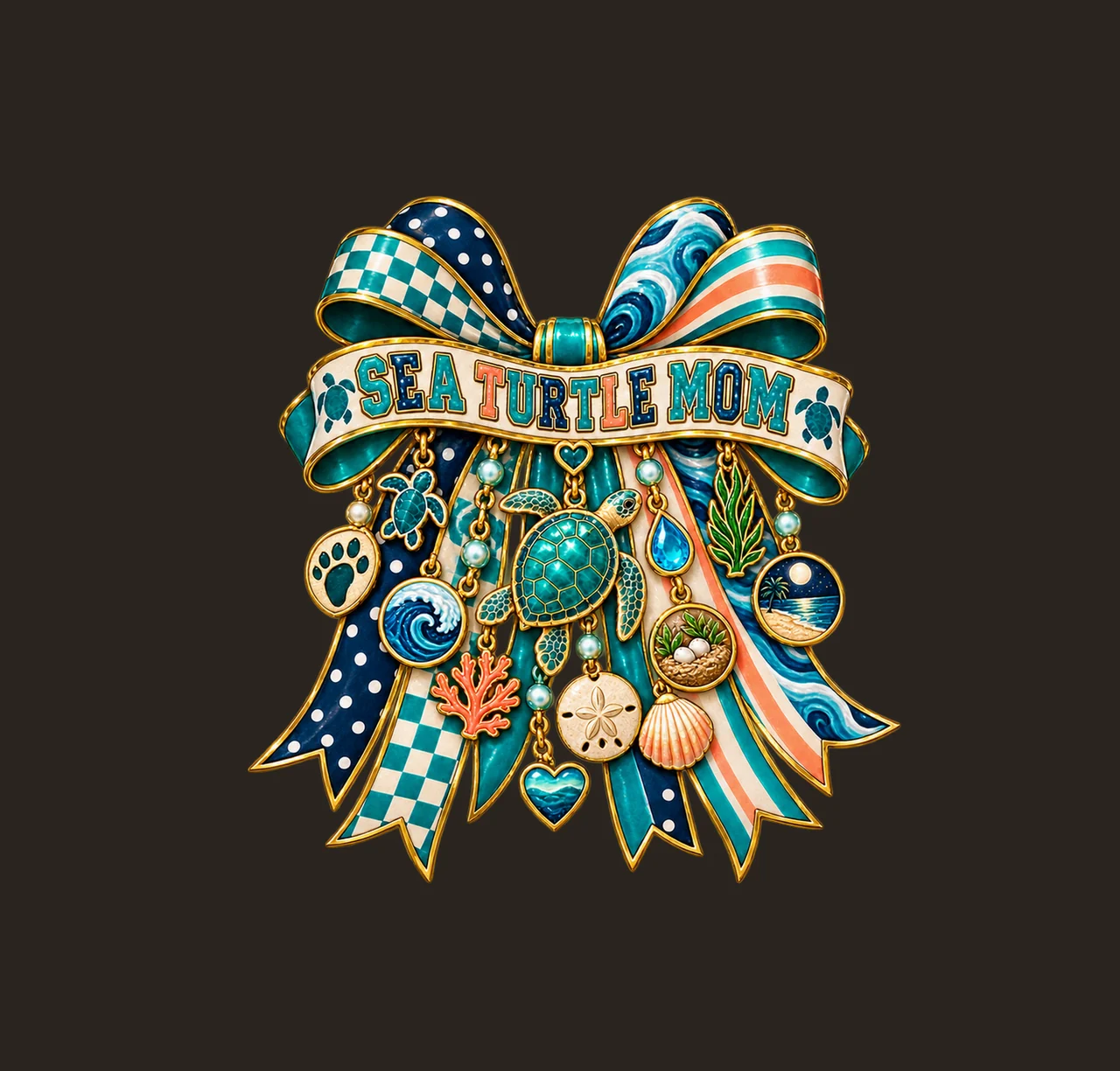 Sea Turtle Mom Bow Charm PNG, Patterned Varsity Mom Ribbon Clipart, Transparent Sublimation Digital Download contrast preview thumbnail