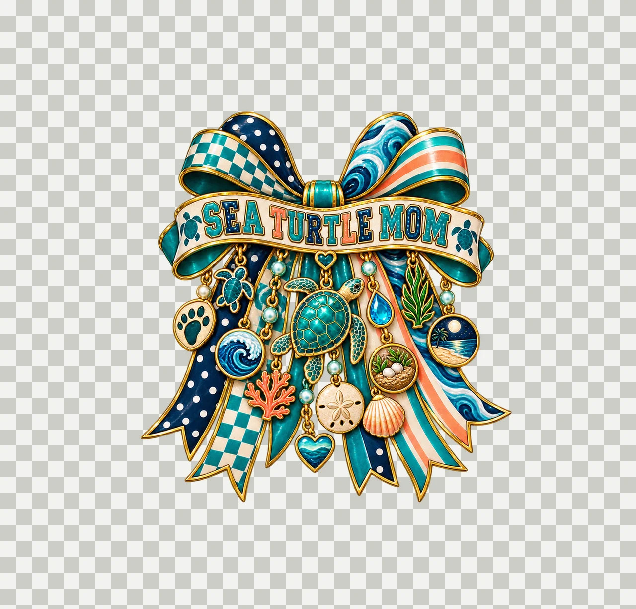 Sea Turtle Mom Bow Charm PNG, Patterned Varsity Mom Ribbon Clipart, Transparent Sublimation Digital Download transparency and detail preview thumbnail