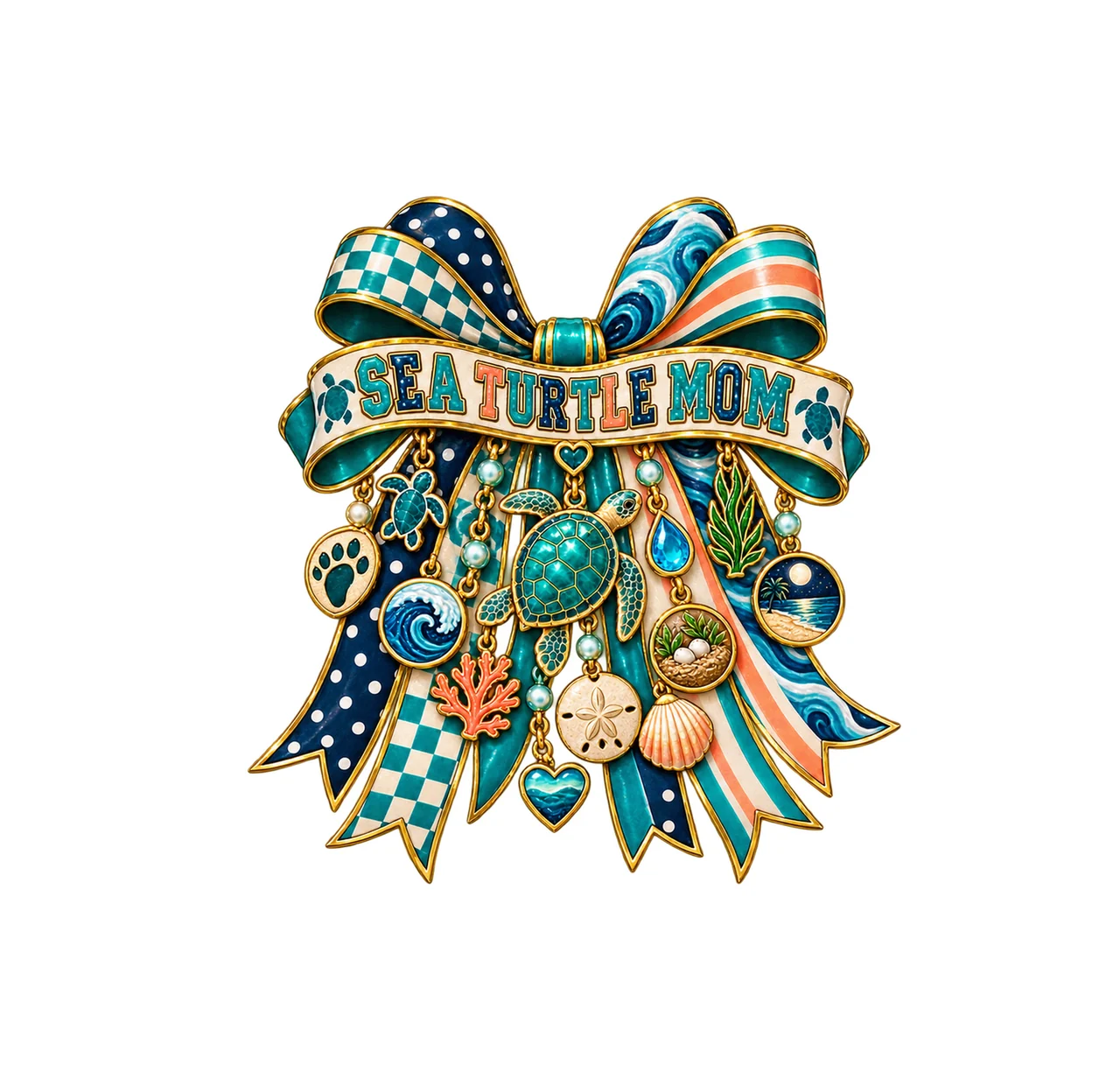 Sea Turtle Mom Bow Charm PNG, Patterned Varsity Mom Ribbon Clipart, Transparent Sublimation Digital Download