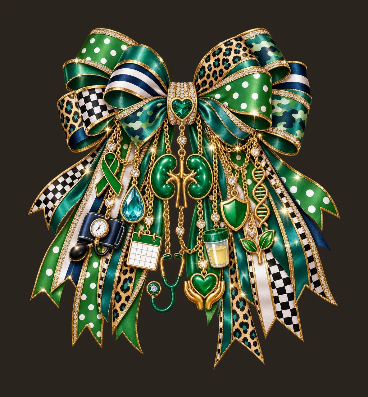 Kidney Health Awareness Bow Charm PNG, Themed Gold Chain Charms, Coquette Ribbon Sublimation Design, Transparent Digital Download contrast preview thumbnail