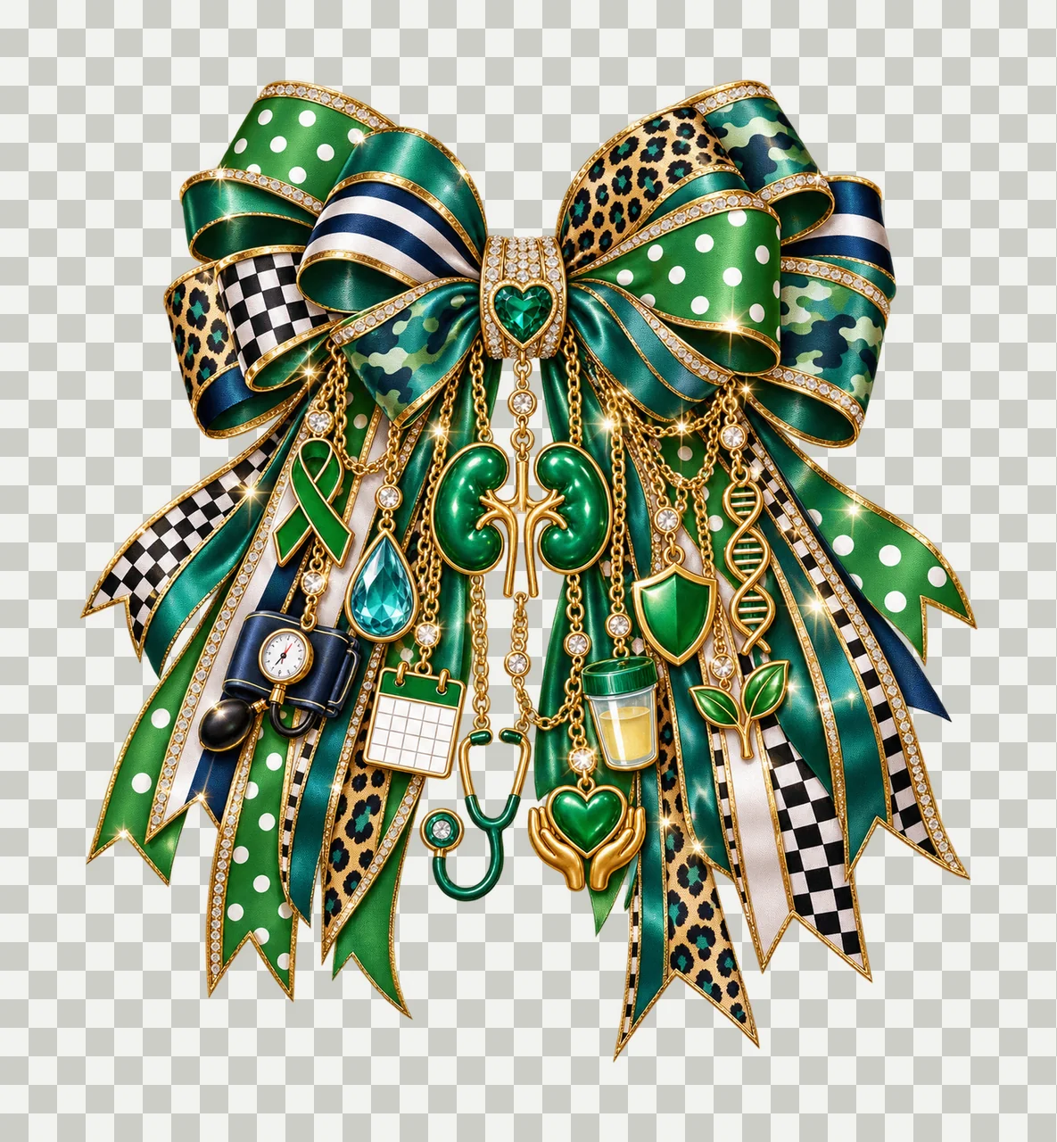 Kidney Health Awareness Bow Charm PNG, Themed Gold Chain Charms, Coquette Ribbon Sublimation Design, Transparent Digital Download transparency and detail preview thumbnail