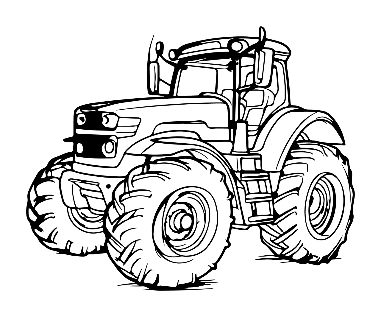 Detailed Farm Tractor Front Angled View stationary tires cab