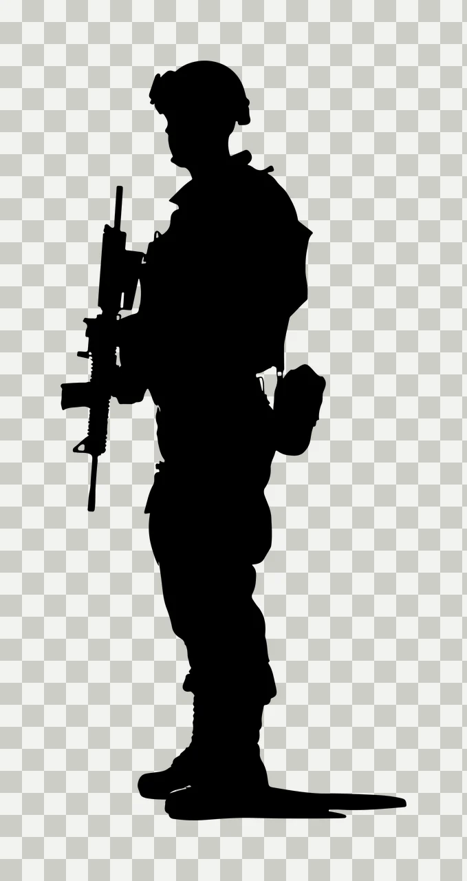 Standing Soldier Silhouette With Rifle helmet black person transparency and detail preview thumbnail