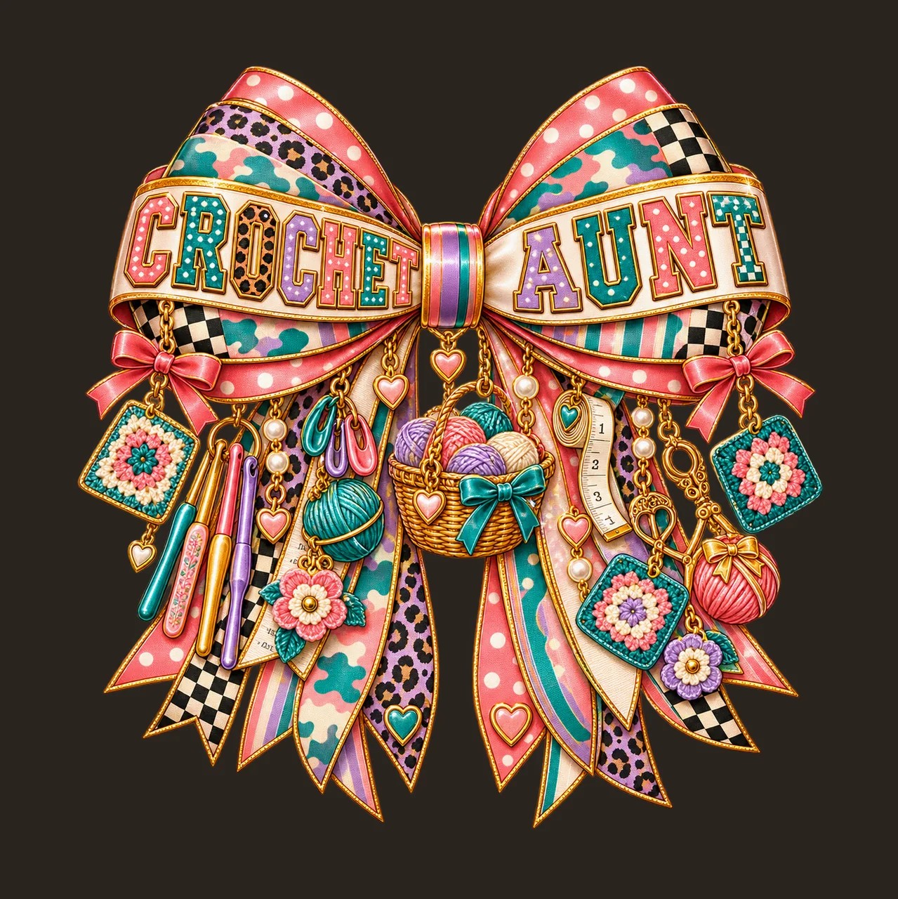 Crochet Aunt Bow Charm PNG, Patterned Varsity Aunt Ribbon Clipart, Transparent Sublimation Digital Download contrast preview thumbnail