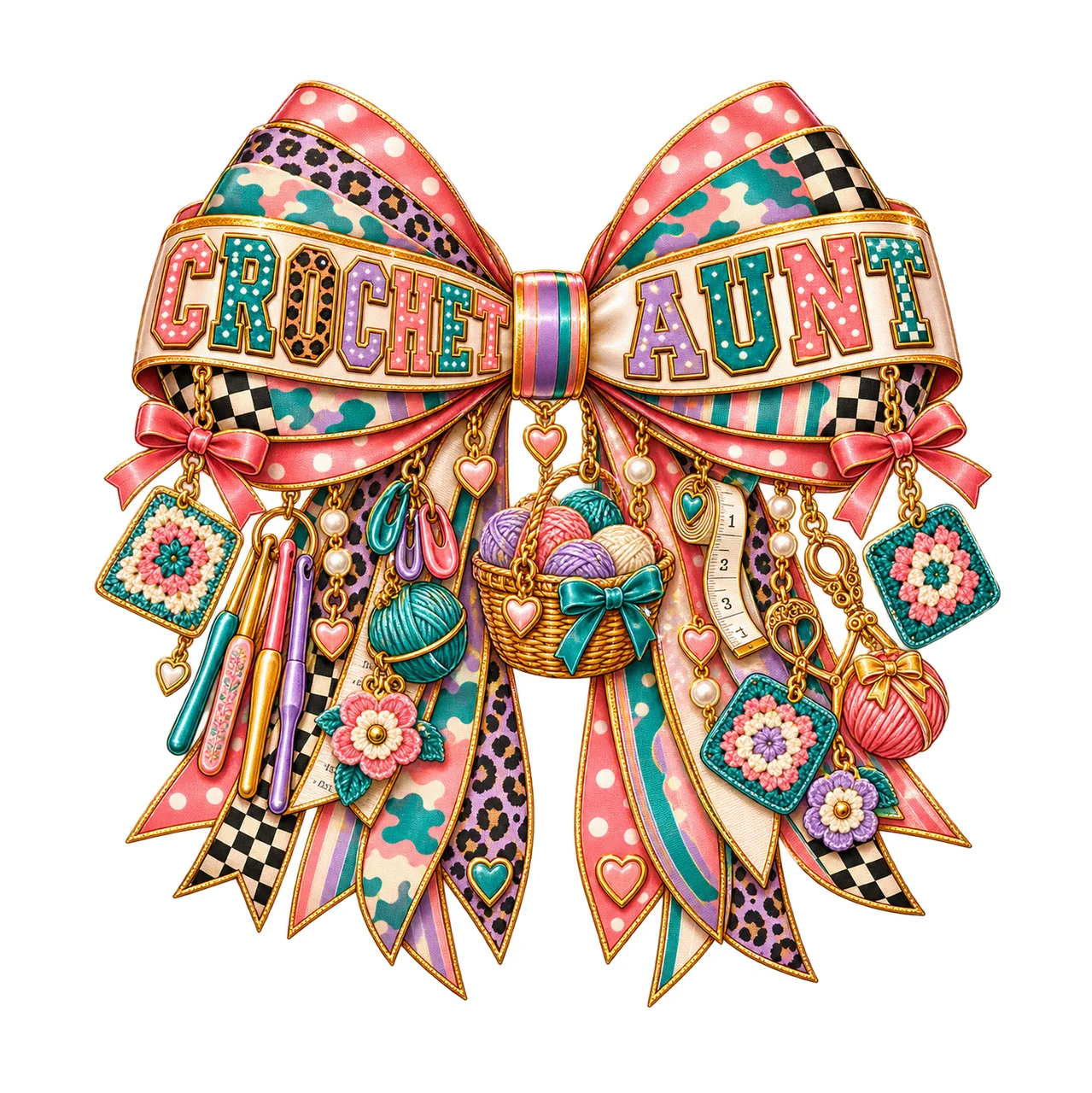 Crochet Aunt Bow Charm PNG, Patterned Varsity Aunt Ribbon Clipart, Transparent Sublimation Digital Download