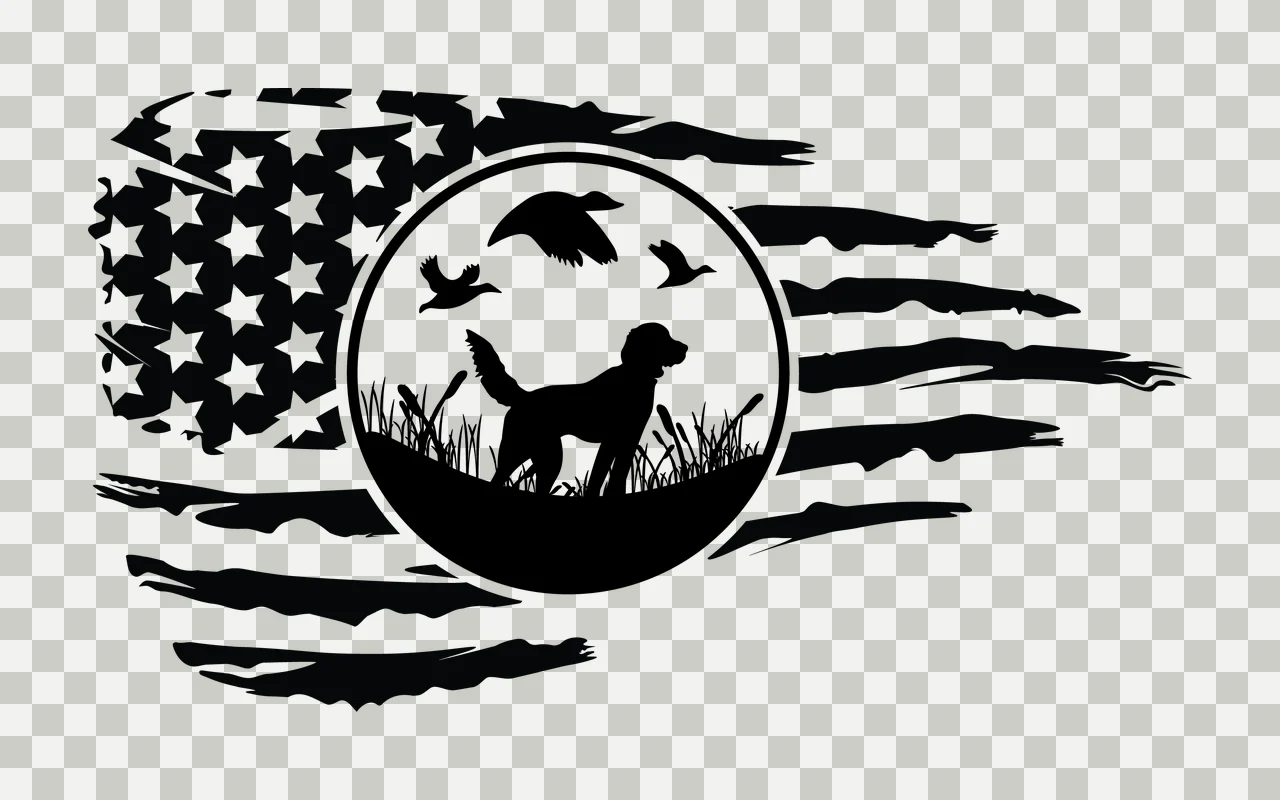 Dog With Birds On Flag standing grass stars stripes graphic silhouette transparency and detail preview thumbnail