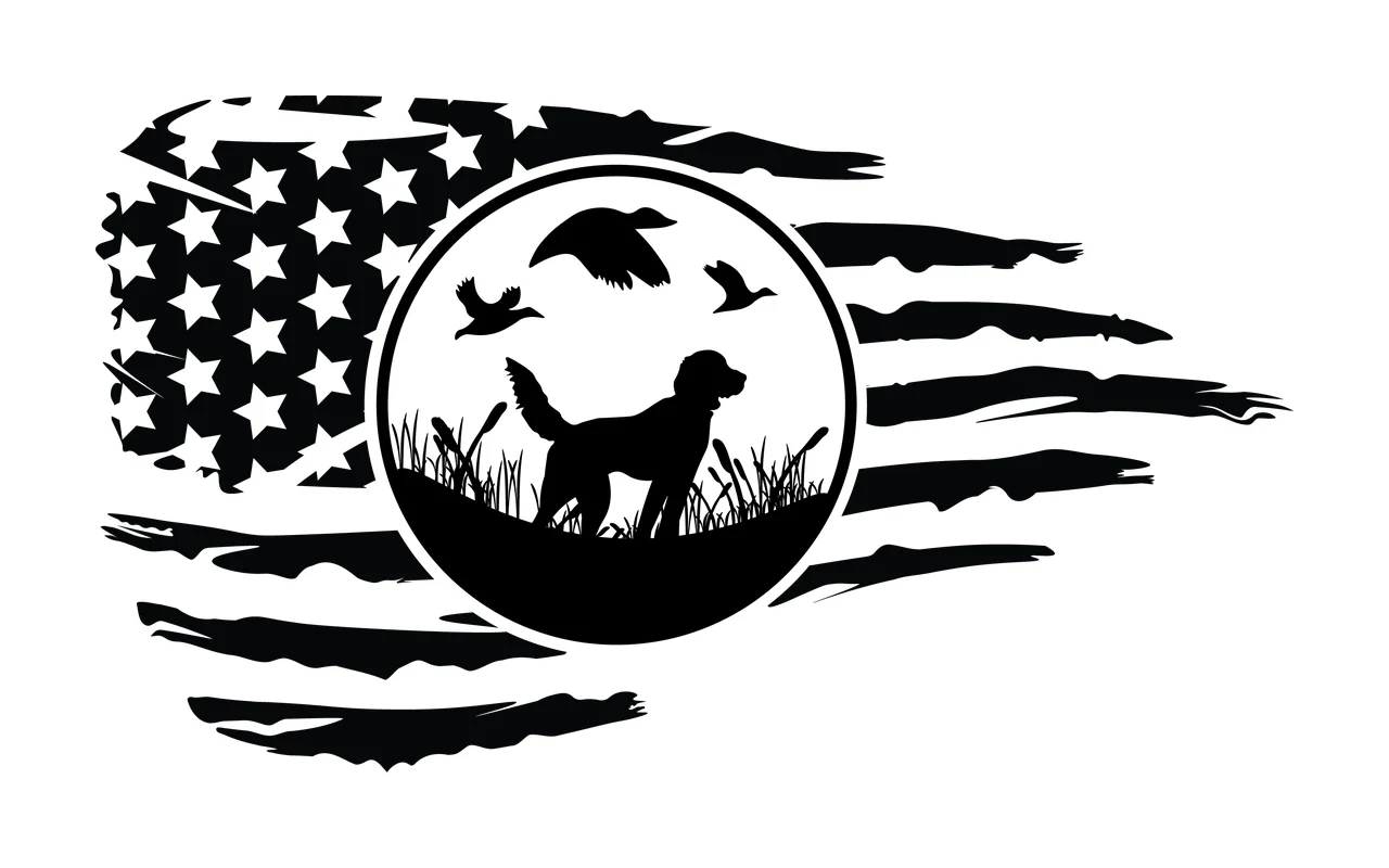 Dog With Birds On Flag standing grass stars stripes graphic silhouette