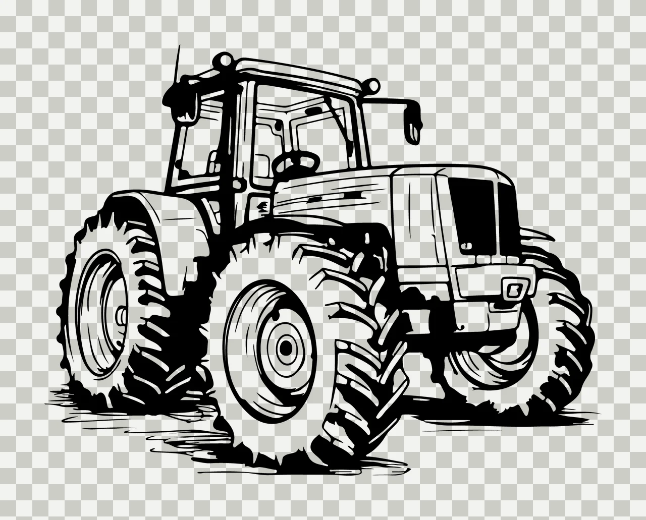 Black Outline Farm Tractor resting wheels cabin tires drawing transparency and detail preview thumbnail