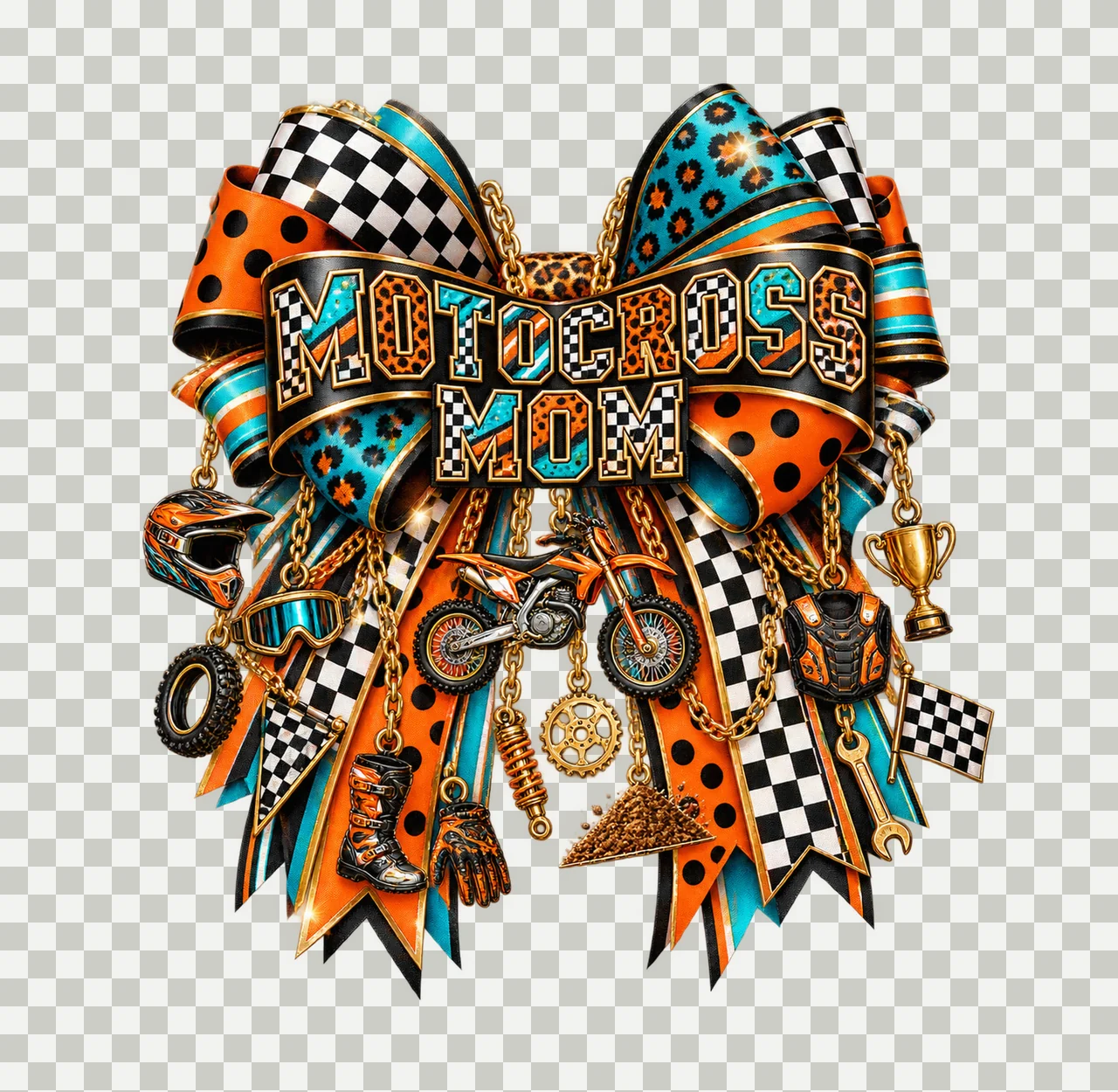 Motocross Mom Bow Charm PNG, Patterned Varsity Mom Ribbon Clipart, Transparent Sublimation Digital Download transparency and detail preview thumbnail