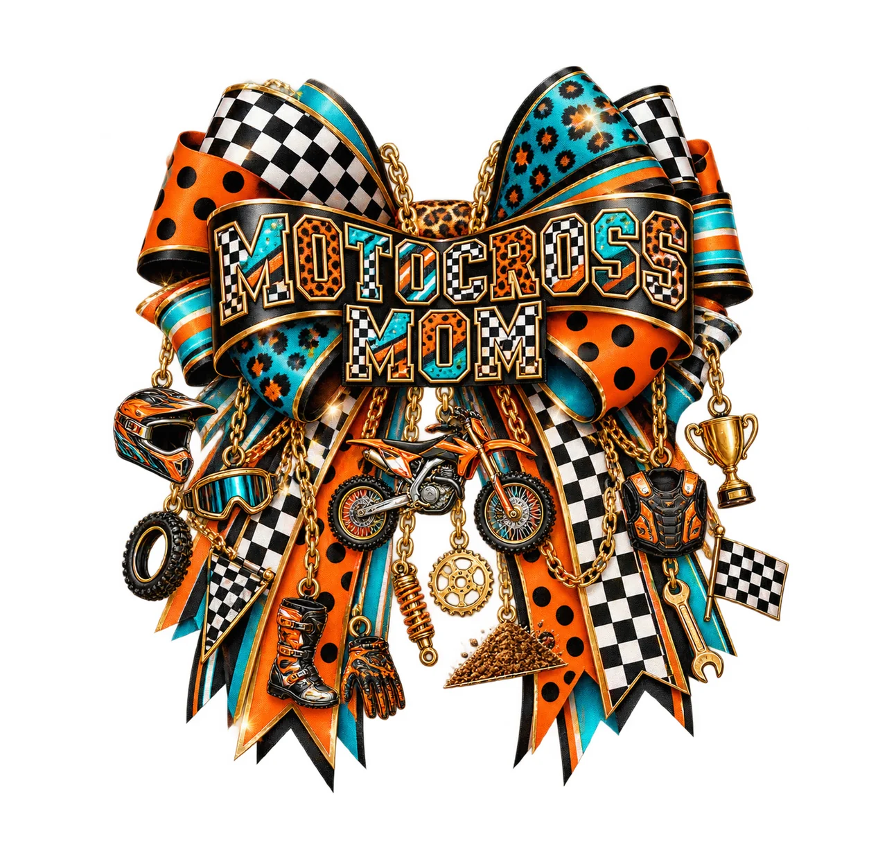 Motocross Mom Bow Charm PNG, Patterned Varsity Mom Ribbon Clipart, Transparent Sublimation Digital Download