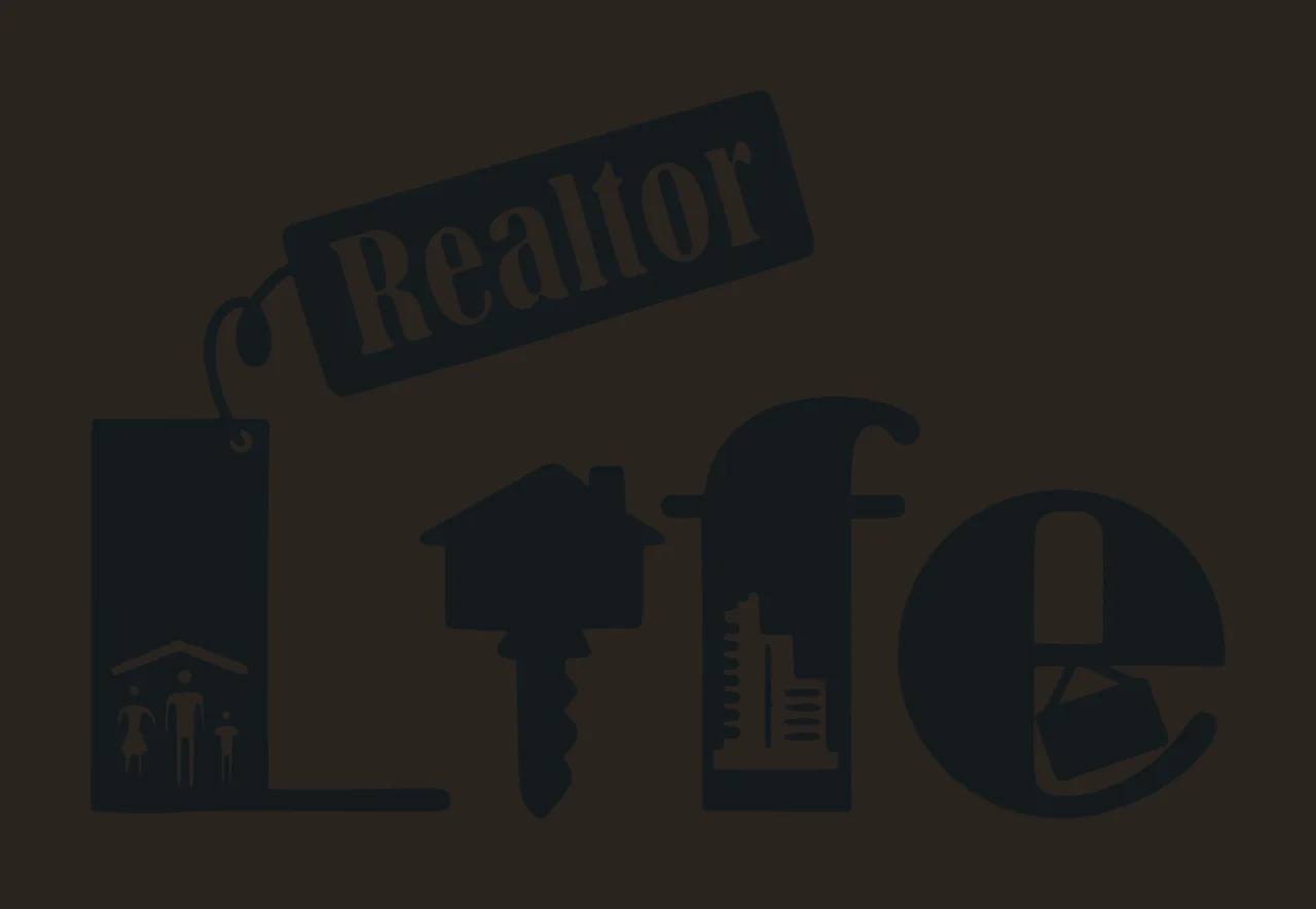 Realtor Life Realtor Life logo design with black tag with white text 'Realtor', black letter 'L' containing family under roof, black key with house on top and black letter 'f' with building silhouette contrast preview thumbnail