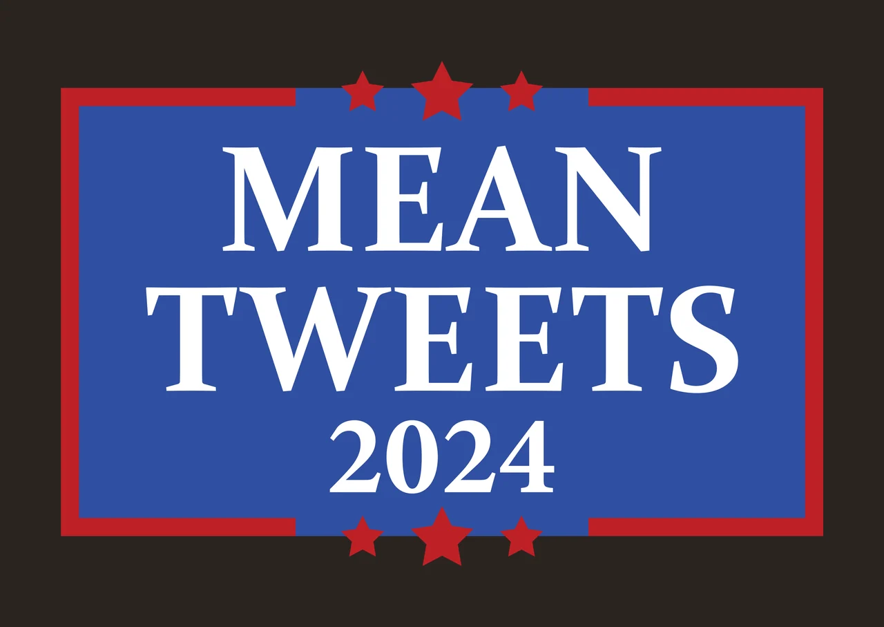 MEAN TWEETS 2024 Typography Design with blue rectangle, red border, five red stars and white text contrast preview thumbnail